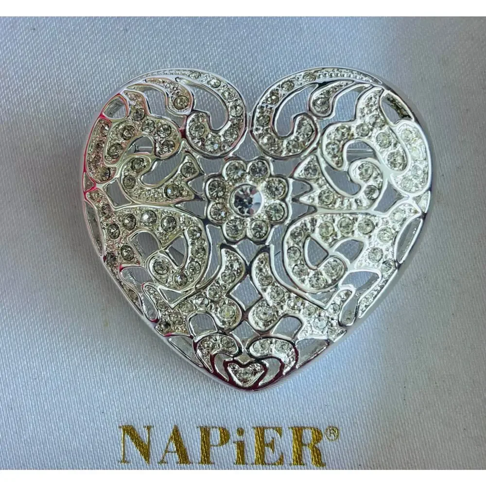 Vintage Napier Silver Heart & Rhinestone Brooch Vintage